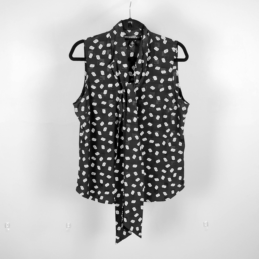 Ralph Lauren LRL Silk Sleeveless Blouse Tank Top Geometric Womens Navy White - Picture 2 of 10